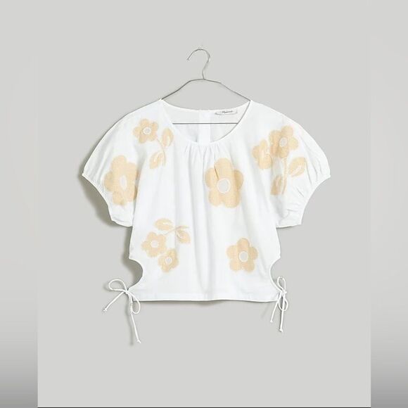 NWT Madewell Embroidered Poplin Puff-Sleeve Cutout Crop Top Eyelet White Floral - Picture 5 of 9